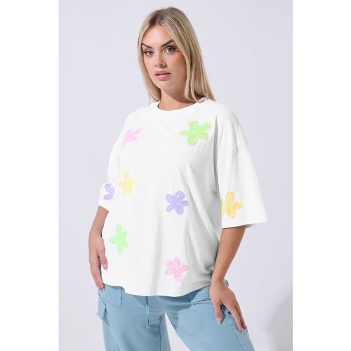 Tshirt Coupe Carrée Blanc À Sequins Et Motif Floral Size 50-52 - Limited Collection - Modalova