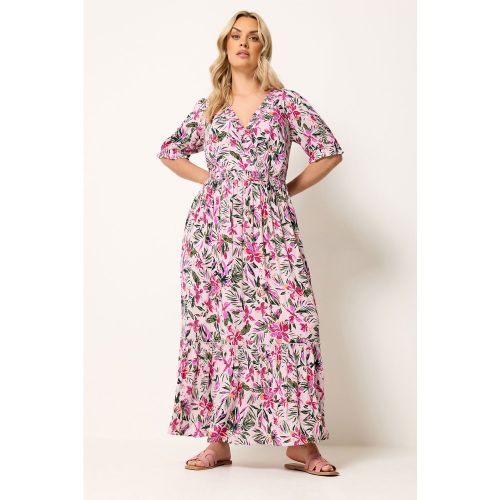 Robe Longue À Encolure Smockée Rose À Motif Tropical Size 42 - Yours - Modalova