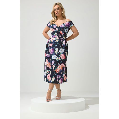 Robe Patineuse Fleurie Bleu Marine À Col Bardot Size 42 - Yours London - Modalova