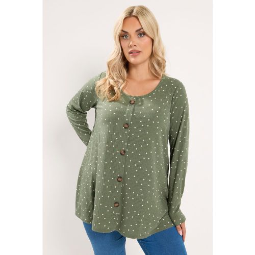 Top Côtelé À Boutons Vert À Pois Size 54-56 - Yours - Modalova
