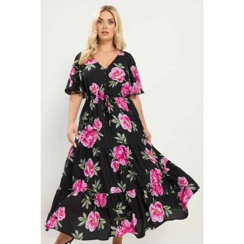 Robe Longue Noire À Volants Et Imprimé Floral Size 46 - Yours - Modalova