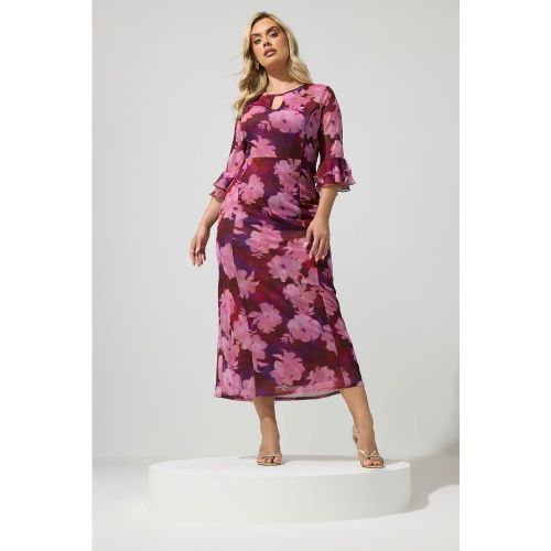 Robe Rose Et Rouge À Imprimé Floral Flouté Avec Découpe Goutte D’Eau Size 44 - Yours London - Modalova