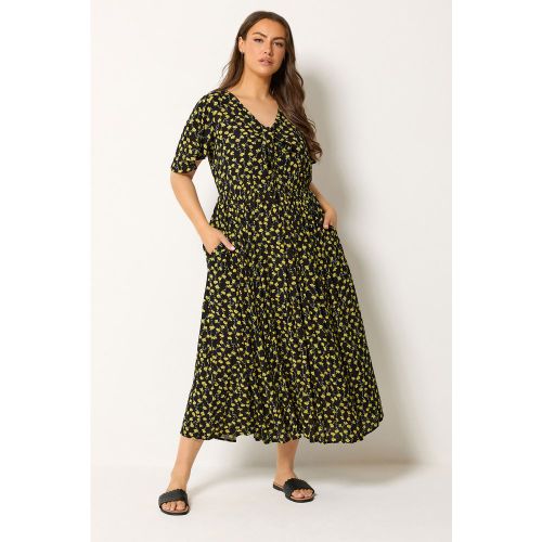 Robe Longue Effet Froissé Noire Et Jaune À Fleurs Size 46 - Yours - Modalova