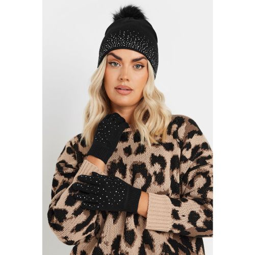 Ensemble Bonnet À Pompon Et Gants Ornés De Diamants Noirssize One Size - Yours - Modalova