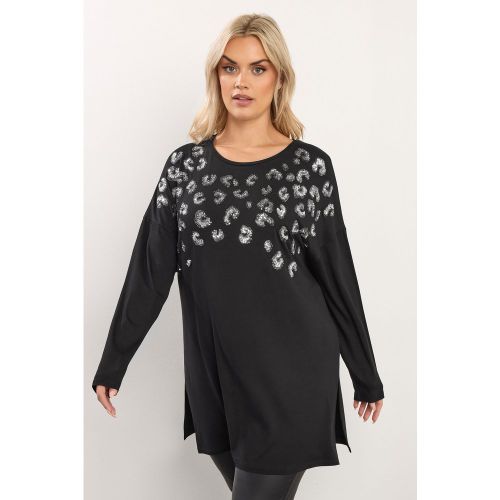 Top Grande Taille Noir À Manches Longues Et Motif Léopard En Sequins Size 54-56 - Yours - Modalova