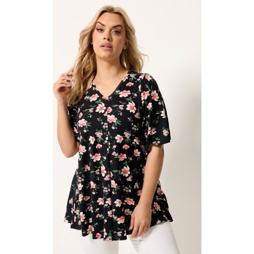 Top Manches Courtes Plissé Devant Noir À Fleurs Size 42 - Yours - Modalova