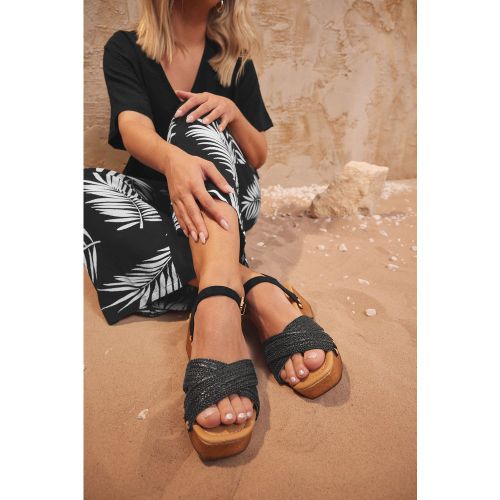 Sabots En Bois Noirs Plateformes Effet Raffia Pieds Larges Esize 37E - Yours - Modalova