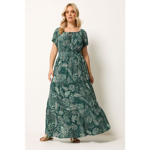 Robe Longue À Encolure Bardot Nouée Verte À Motif Feuilles Size 46 - Yours - Modalova