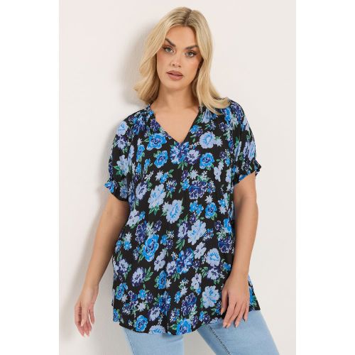 Blouse Noire Et Bleue À Fleurs Avec Encolure Fendue Size 44 - Yours - Modalova