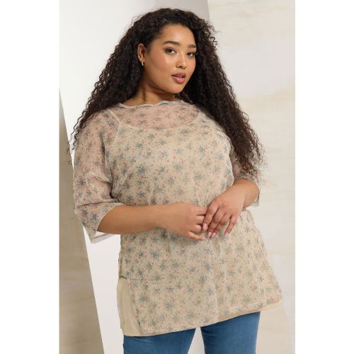 Top Oversize En Mesh Marron Naturel Et Bleu À Fleurs Size 44 - Yours - Modalova