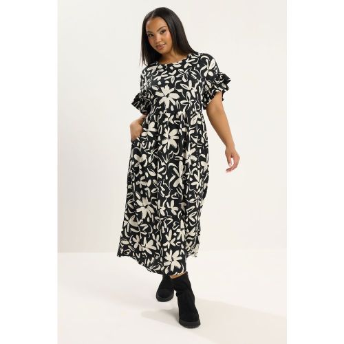 Robe Noire À Manches Volantées À Fleurs Size 50-52 - Yours - Modalova