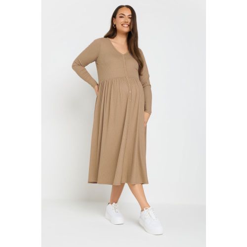 Maternity Robe Midi Nervurée Marron Manches Longues Size 38 - Bump It Up - Modalova