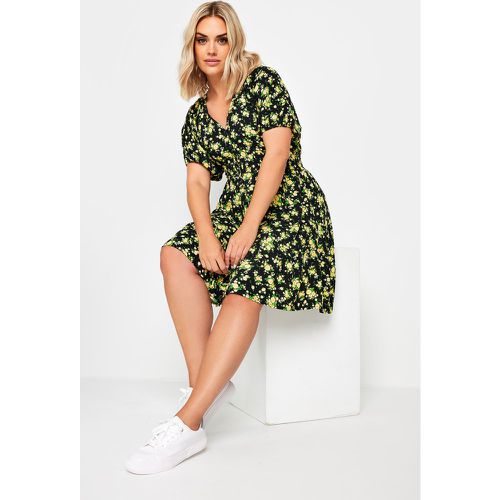 Curve Yellow Floral Print Button Through Dress, Grande Taille & Courbes - Yours - Modalova