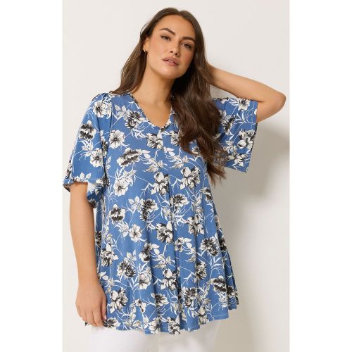 Top Manches Courtes Plissé Devant Bleu À Fleurs Size 48 - Yours - Modalova