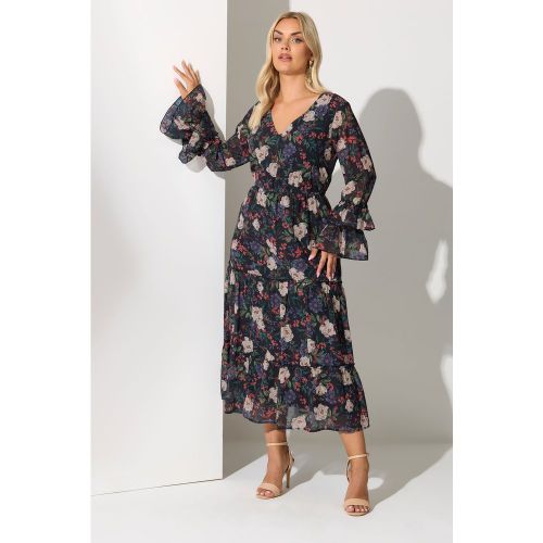 Robe Longue Noire À Volants Et Fleurs Size 42 - Yours London - Modalova