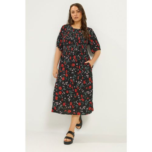 Robe Smockée À Manches Bouffantes Noire À Fleurs Size 44 - Yours - Modalova