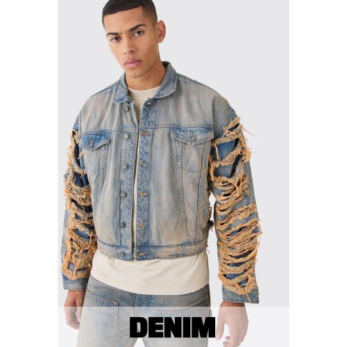 Veste en jean ample déchirée - L - Boohooman - Modalova