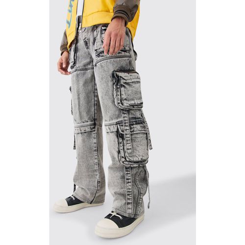 Baggy Rigid Multi Cargo Pocket Strap Detail Acid Wash Jeans - - 36R - Boohooman - Modalova