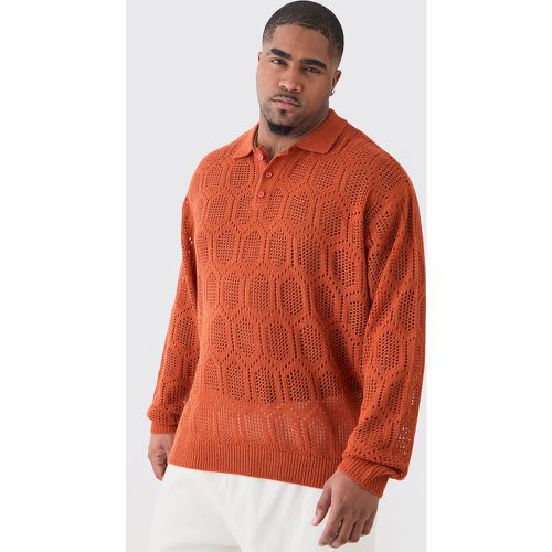 Plus Oversized Long Sleeve Crochet Knit Polo In Rust - Boohooman - Modalova