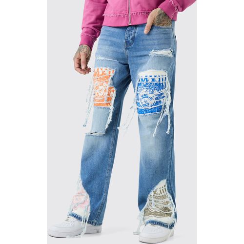 Tall Relaxed Rigid Flare Rip & Repair Applique Jeans - Boohooman - Modalova