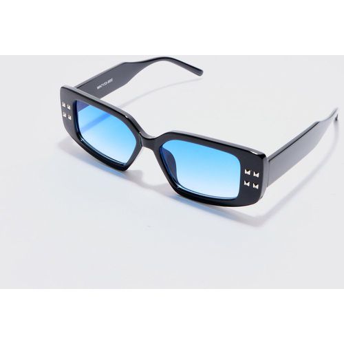 Chunky Rectangle Sunglasses With Blue Lens In Black - Boohooman - Modalova