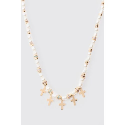 Pearl Bead Necklace With Cross Charms In Gold - Boohooman - Modalova