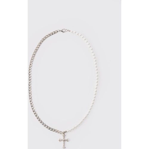Pearl And Cuban Chain Necklace With Cross Pendant In Silver - Boohooman - Modalova
