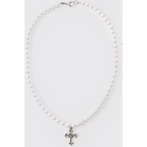 Pearl Necklace With Cross Pendant In Silver - Boohooman - Modalova