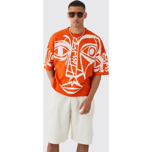 Oversized Face Line Drawing Knitted T-shirt - S - Boohooman - Modalova