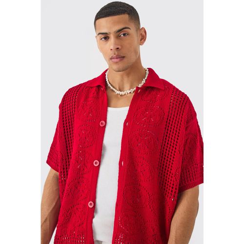 Oversized Boxy Open Stitch Detail Knitted Shirt In Red - Boohooman - Modalova