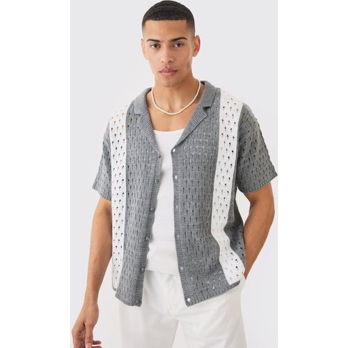 Oversized Boxy Open Stitch Stripe Knit Shirt In Charcoal - Boohooman - Modalova