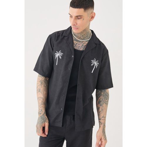 Tall Linen Embroidered Drop Revere Shirt In Black - Boohooman - Modalova