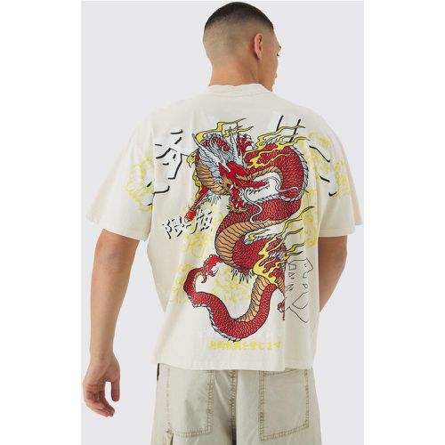 T-shirt oversize délavé à col montant et imprimé dragon - M - Boohooman - Modalova