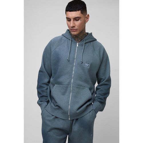 Tall Oversize Raglan Zip Thru Embroidered Spray Wash Hoodie - S - Boohooman - Modalova