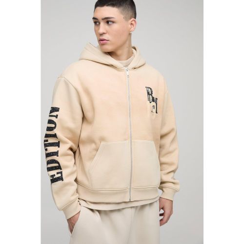 Sweat à capuche oversize zippé délavé à imprimé moto - S - Boohooman - Modalova