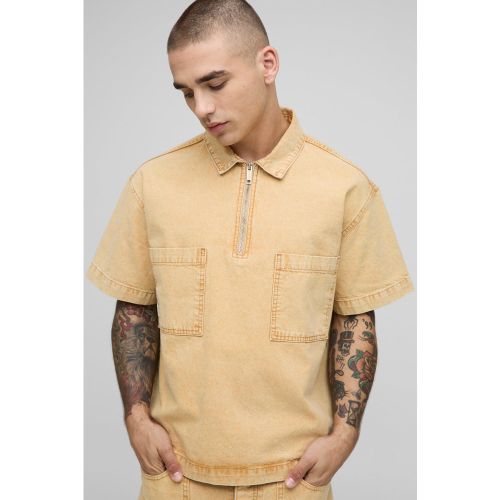Chemise en jean à col zippé et manches courtes - S - Boohooman - Modalova