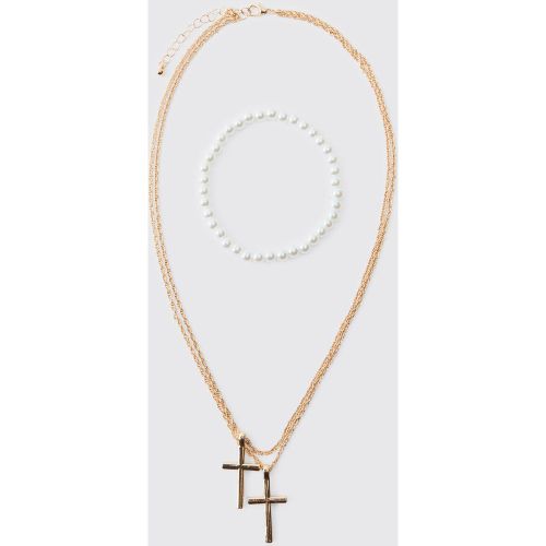 Lot de bracelets à double croix et perle - ONE SIZE - Boohooman - Modalova