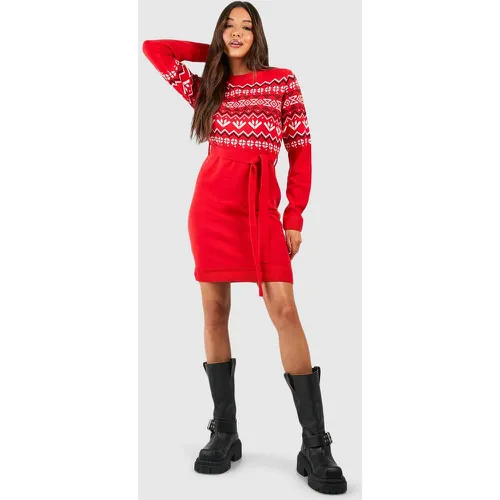 Robe Pull De Noël À Ceinture Et Motif Jacquard - S - boohoo - Modalova