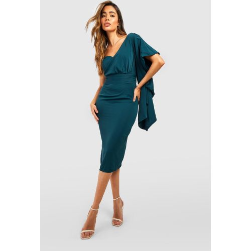 Robe Mi-Longue Satinée À Manche Unique Volantée - Vert Émeraude - 38, Vert Émeraude - boohoo - Modalova