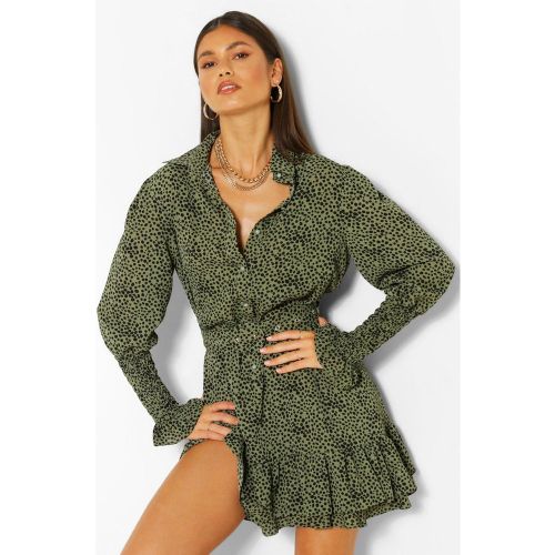 Robe Chemise Ceinturée À Pois Et Ourlet Volanté - 38 - boohoo - Modalova