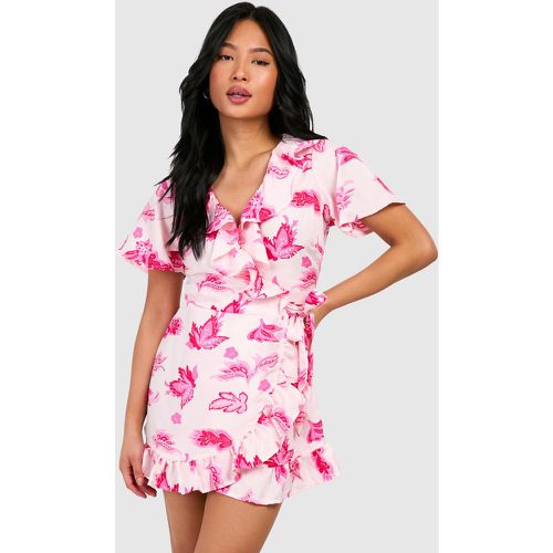 Petite" - Robe Courte Croisée À Volants Et Imprimé Fleuri - 34 - boohoo - Modalova