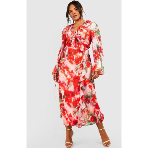 Grande Taille - Robe Portefeuille À Volants Et Imprimé Fleuri - 44 - boohoo - Modalova