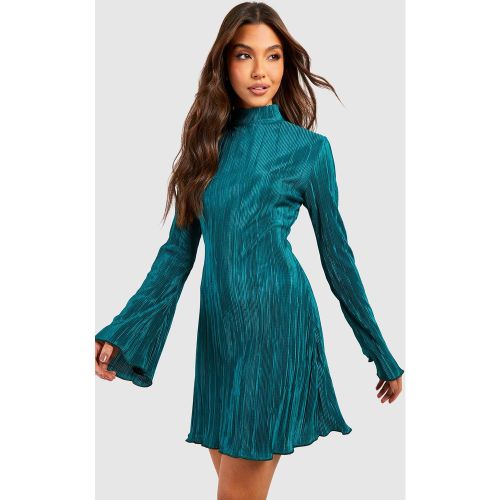 Robe Courte Plissée À Manches Évasées - Vert Émeraude - 34, Vert Émeraude - boohoo - Modalova