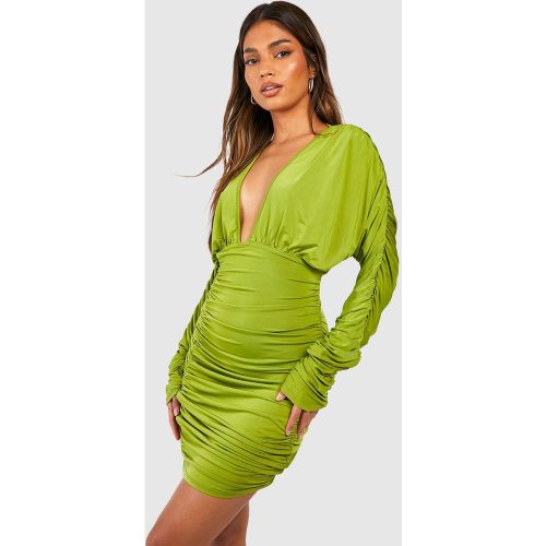 Robe Courte Froncée Effet Soyeux À Décolleté Plongeant - 36 - boohoo - Modalova