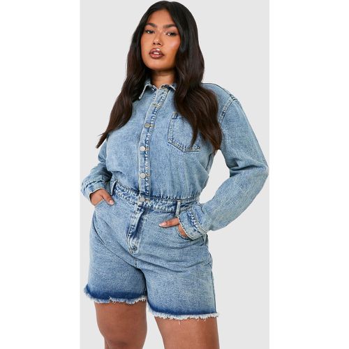 Grande Taille - Combishort En Jean Délavé - 44 - boohoo - Modalova