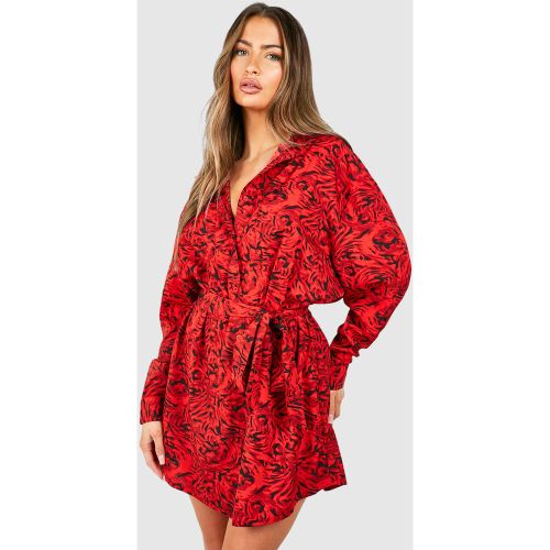 Robe Chemise Fleurie À Ceinture Et Manches Chauve-Souris - 42 - boohoo - Modalova