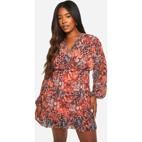 Grande Taille - Robe Portefeuille À Volants Et Imprimé Léopard - 44 - boohoo - Modalova
