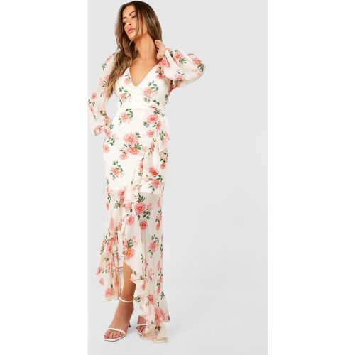 Robe Longue Fleurie À Volants - 38 - boohoo - Modalova
