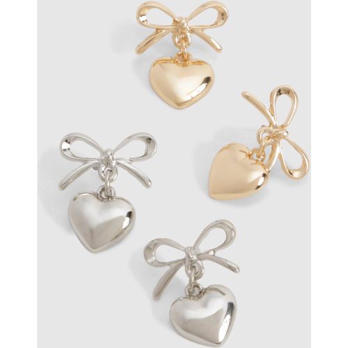 Bow & Heart Drop Earrings Multipack - boohoo - Modalova