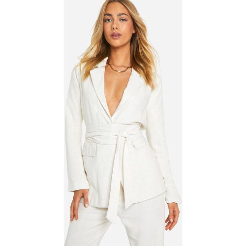 Blazer De Costume En Lin Noué À La Taille - Blanc Écru - 38, Blanc Écru - boohoo - Modalova